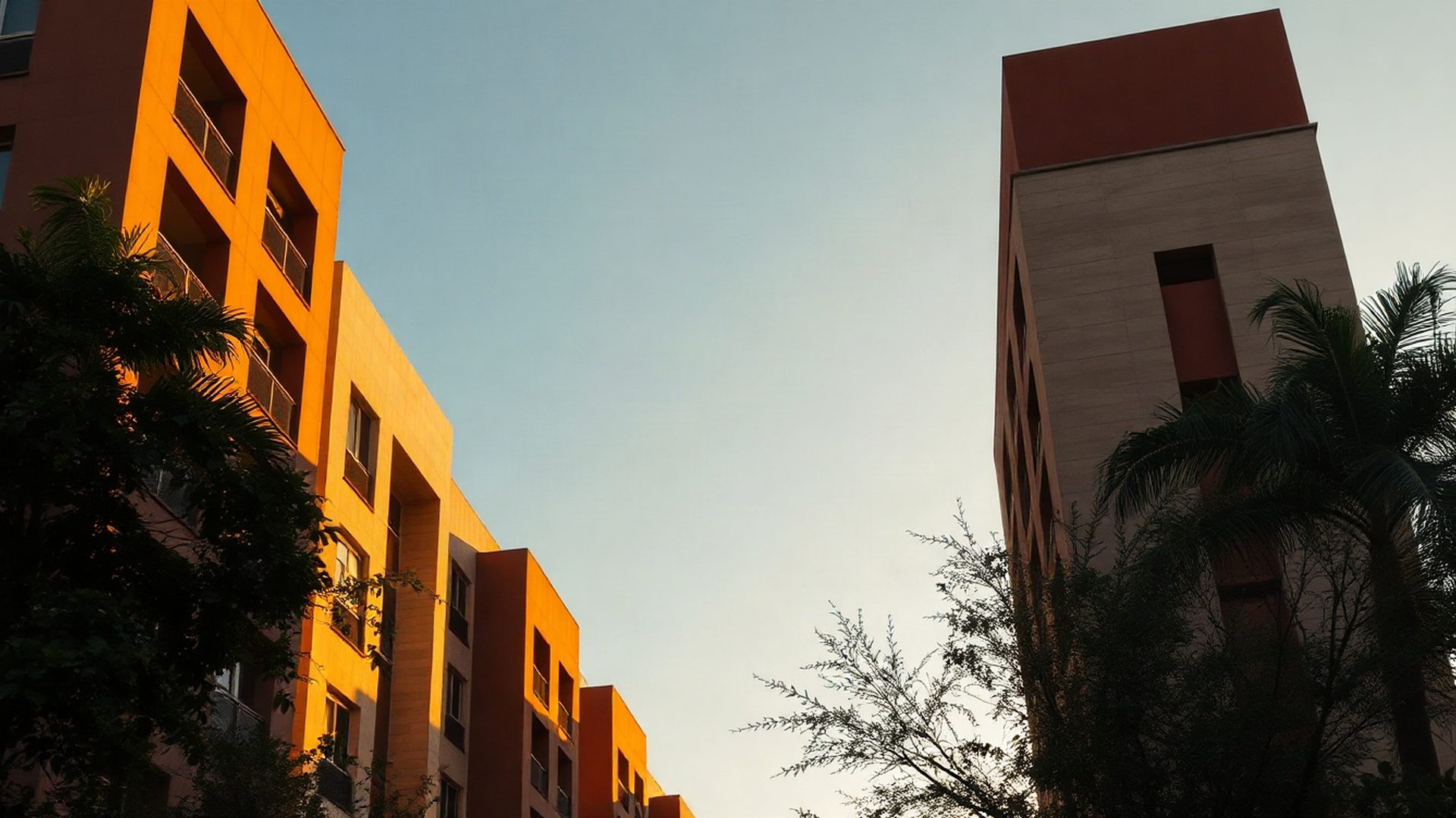 Fachada de edifício residencial modernista em Brasília ao entardecer